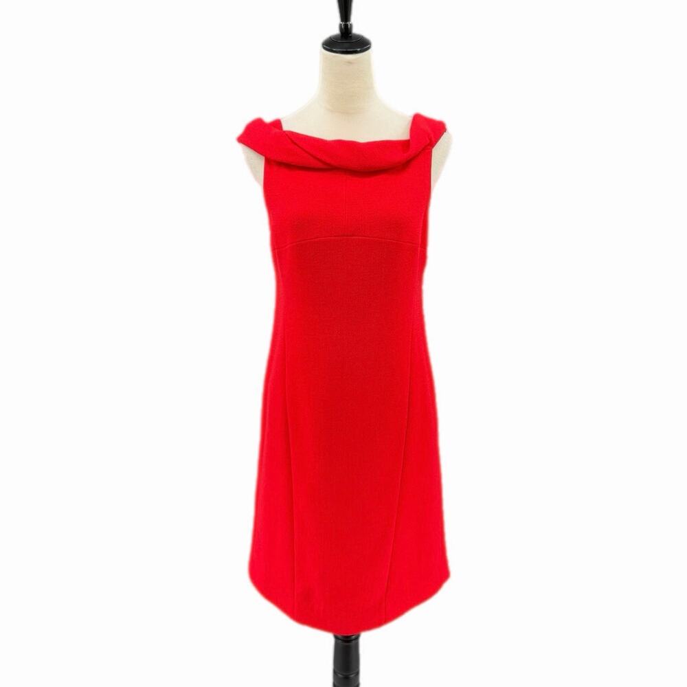Per Se Bright Red 100% Wool Boat Rolled Neck Train Back Cocktail Sheath Dress